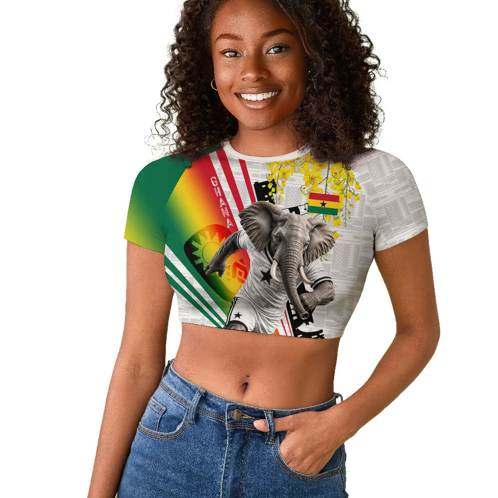Personalized Ghana Soccer Elephant Raglan Cropped T shirt Ghana Flag Kente Football Player - Cassia Fistula Flower