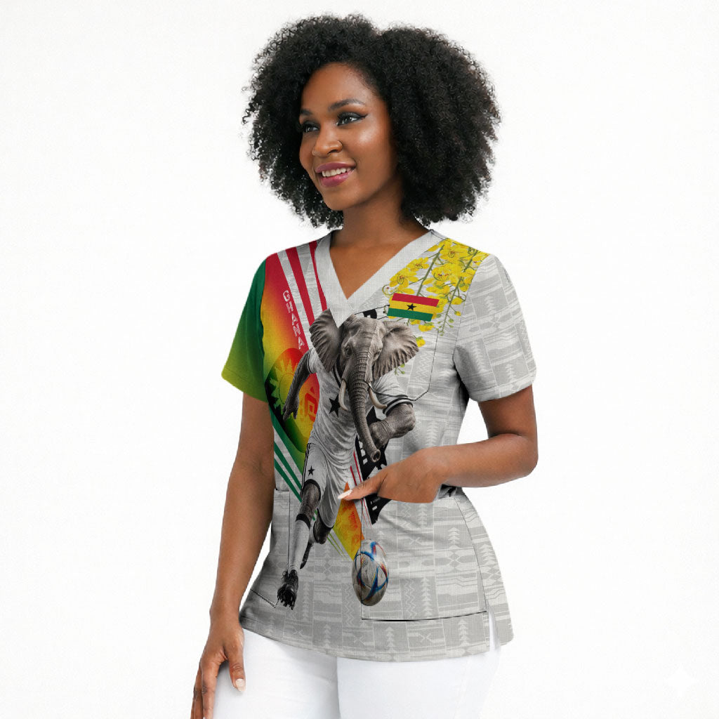 Personalized Ghana Soccer Elephant Scrub Top Ghana Flag Kente Football Player - Cassia Fistula Flower
