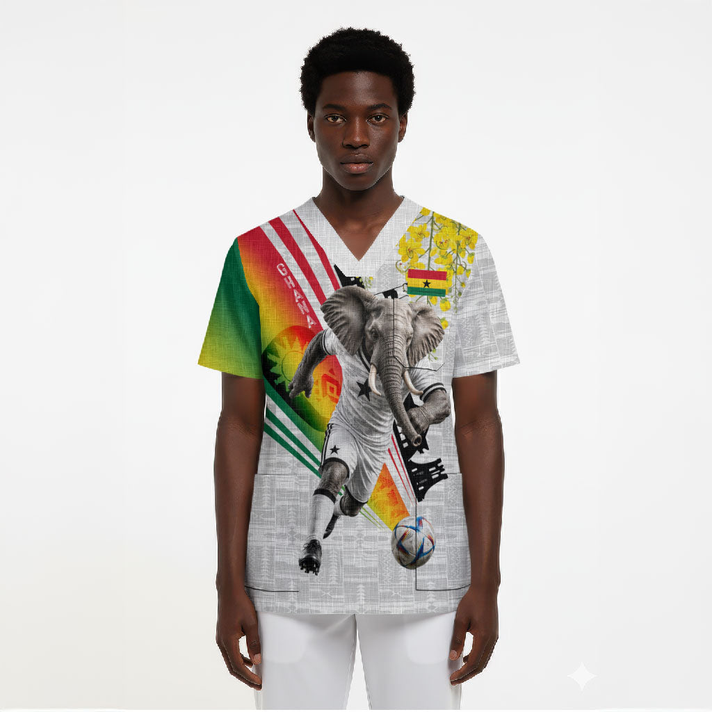 Personalized Ghana Soccer Elephant Scrub Top Ghana Flag Kente Football Player - Cassia Fistula Flower