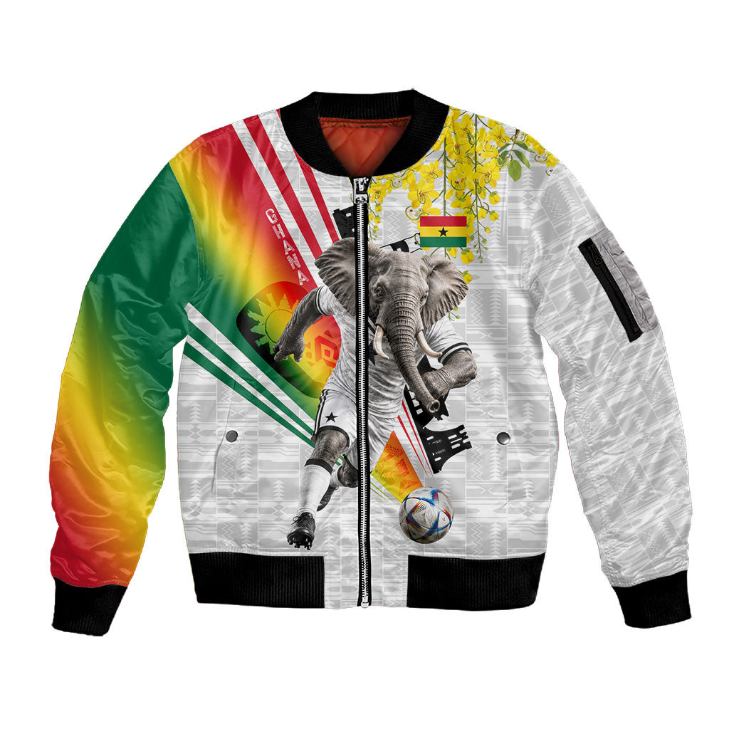 Personalized Ghana Soccer Elephant Sleeve Zip Bomber Jacket Ghana Flag Kente Football Player - Cassia Fistula Flower