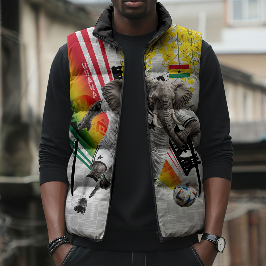 Personalized Ghana Soccer Elephant Sleeveless Puffer Jacket Ghana Flag Kente Football Player - Cassia Fistula Flower