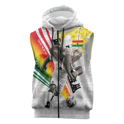 Personalized Ghana Soccer Elephant Sleeveless Zip Hoodie Ghana Flag Kente Football Player - Cassia Fistula Flower