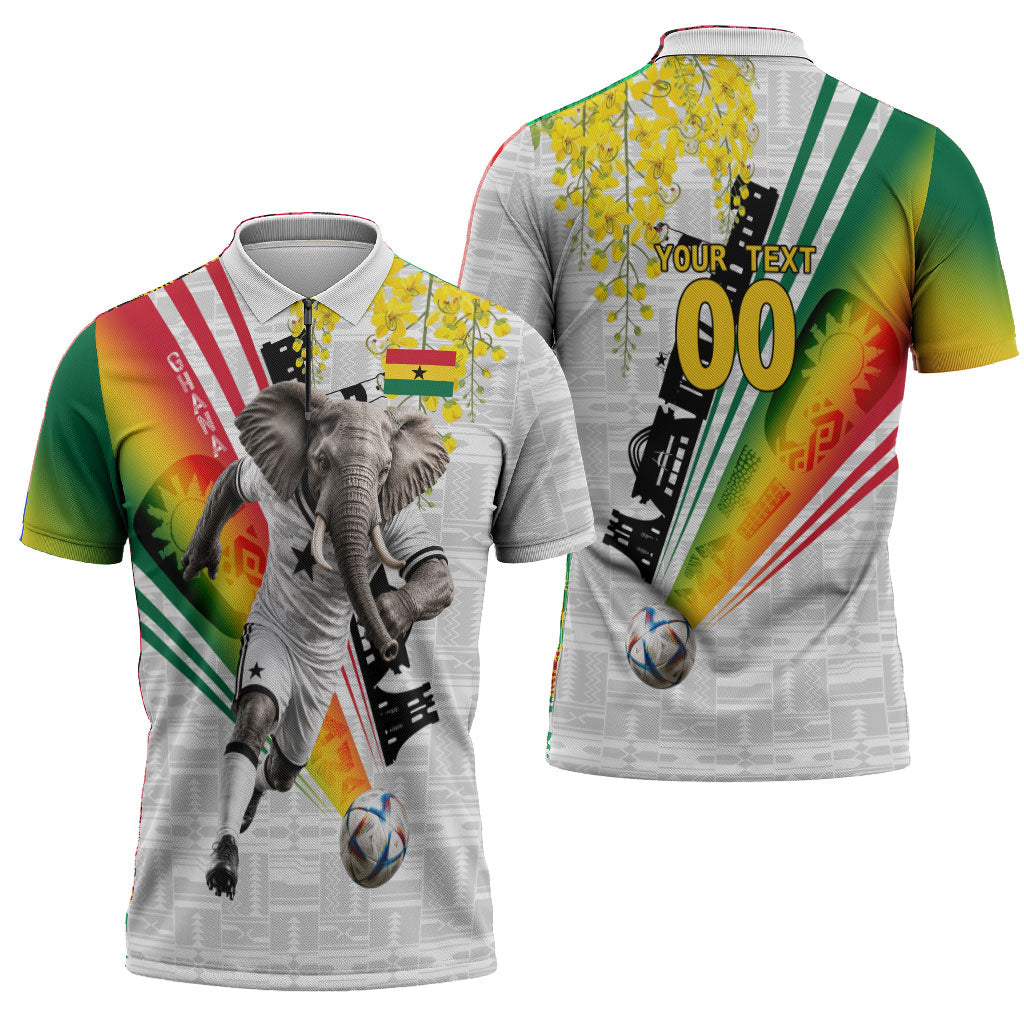 Personalized Ghana Soccer Elephant Zipper Polo Shirt Ghana Flag Kente Football Player - Cassia Fistula Flower