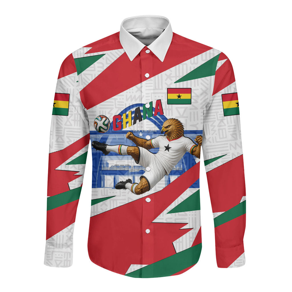Personalized Ghana Soccer Eagle Long Sleeve Button Shirt Ghana Flag Kente - Black Stars Football Stadium Graphic