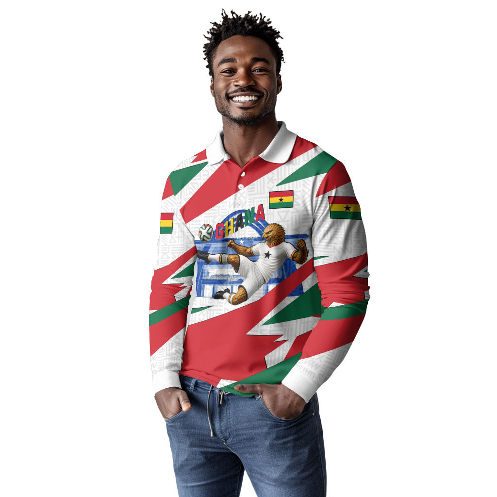 Personalized Ghana Soccer Eagle Long Sleeve Polo Shirt Ghana Flag Kente - Black Stars Football Stadium Graphic