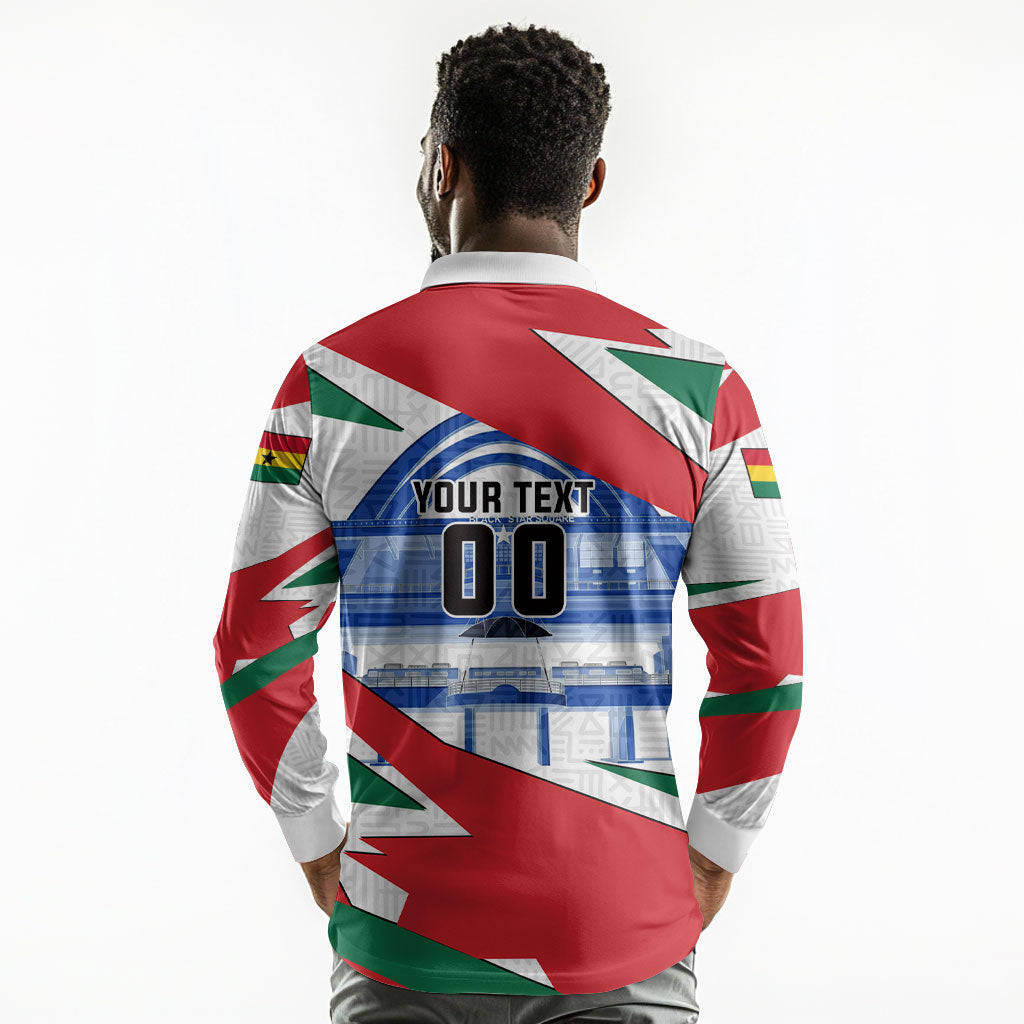 Personalized Ghana Soccer Eagle Long Sleeve Polo Shirt Ghana Flag Kente - Black Stars Football Stadium Graphic