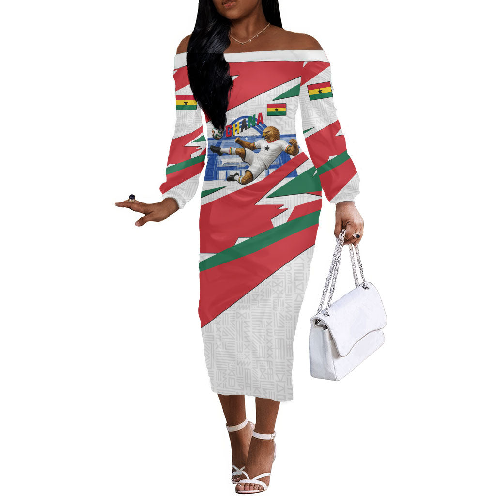 Personalized Ghana Soccer Eagle Off The Shoulder Long Sleeve Dress Ghana Flag Kente - Black Stars Football Stadium Graphic