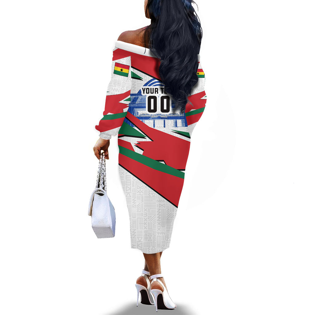 Personalized Ghana Soccer Eagle Off The Shoulder Long Sleeve Dress Ghana Flag Kente - Black Stars Football Stadium Graphic