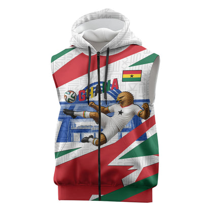 Personalized Ghana Soccer Eagle Sleeveless Zip Hoodie Ghana Flag Kente - Black Stars Football Stadium Graphic