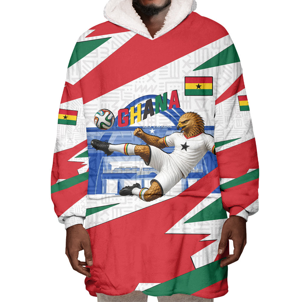Personalized Ghana Soccer Eagle Wearable Blanket Hoodie Ghana Flag Kente - Black Stars Football Stadium Graphic