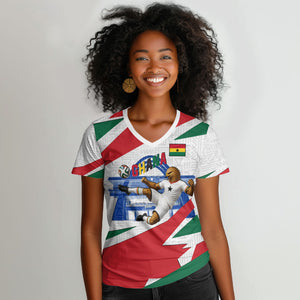 Personalized Ghana Soccer Eagle Women V-Neck T-Shirt Ghana Flag Kente - Black Stars Football Stadium Graphic