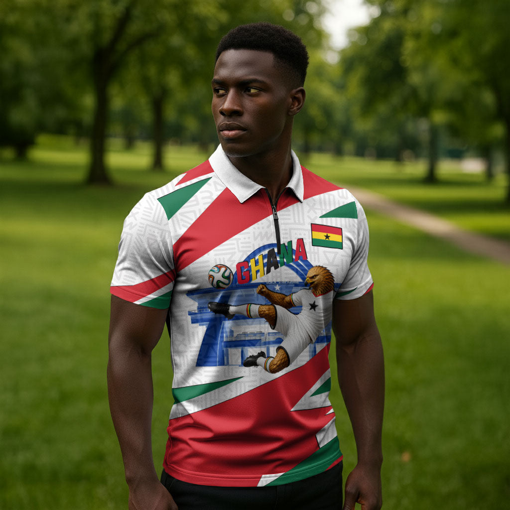 Personalized Ghana Soccer Eagle Zipper Polo Shirt Ghana Flag Kente - Black Stars Football Stadium Graphic