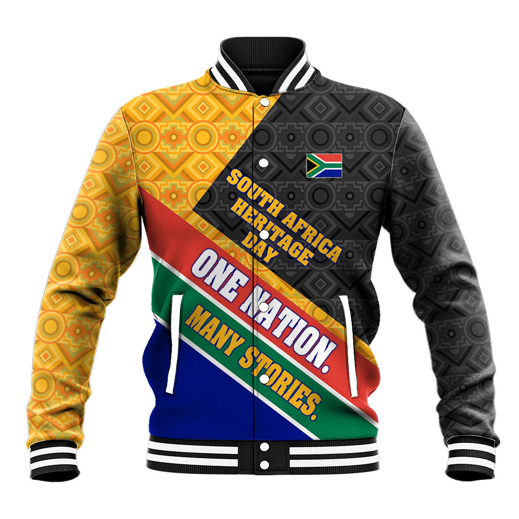 Personalized South Africa Heritage Day Baseball Jacket One Nation Many Stories Geometric Flag Pattern