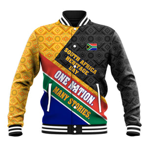 Personalized South Africa Heritage Day Baseball Jacket One Nation Many Stories Geometric Flag Pattern