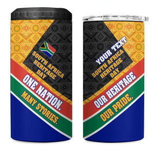 Personalized South Africa Heritage Day 4 in 1 Can Cooler Tumbler One Nation Many Stories Geometric Flag Pattern