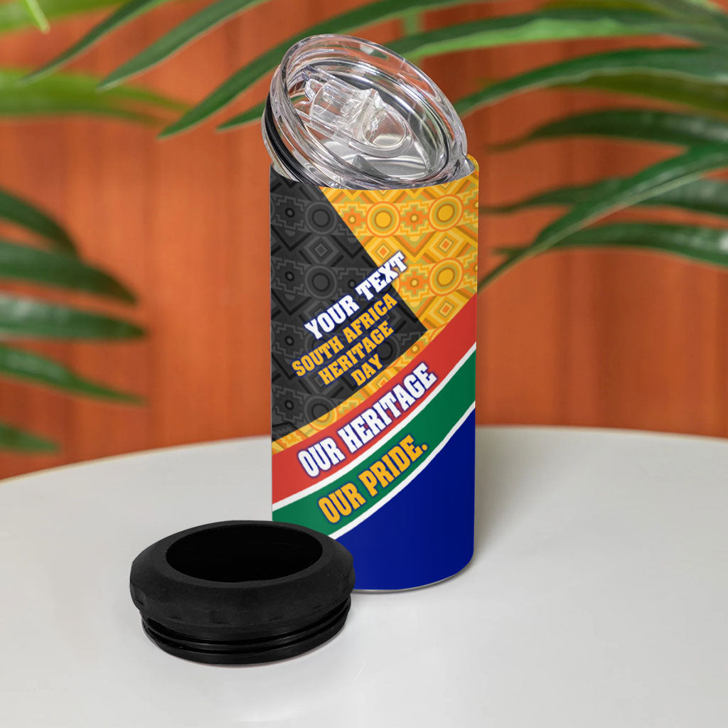 Personalized South Africa Heritage Day 4 in 1 Can Cooler Tumbler One Nation Many Stories Geometric Flag Pattern