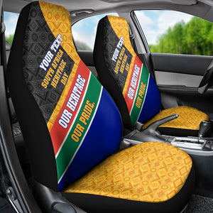 Personalized South Africa Heritage Day Car Seat Cover One Nation Many Stories Geometric Flag Pattern