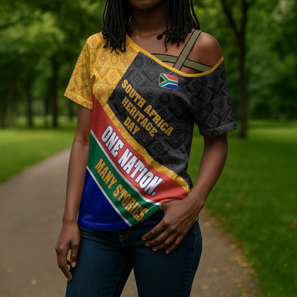 Personalized South Africa Heritage Day Cross Shoulder Shirt One Nation Many Stories Geometric Flag Pattern