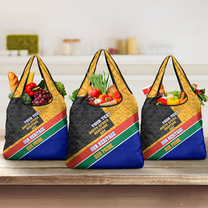 Personalized South Africa Heritage Day Grocery Bag One Nation Many Stories Geometric Flag Pattern