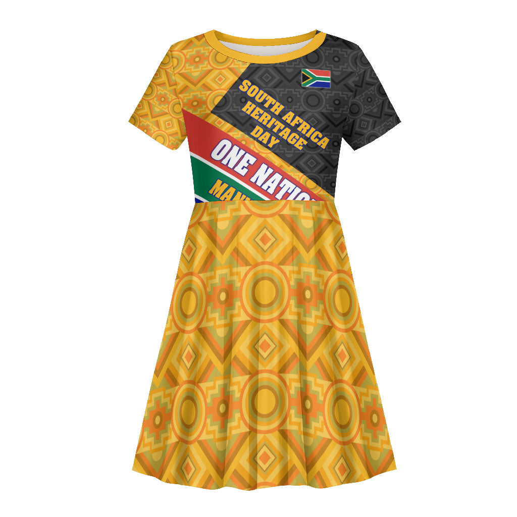 Personalized South Africa Heritage Day Kid Short Sleeve Dress One Nation Many Stories Geometric Flag Pattern