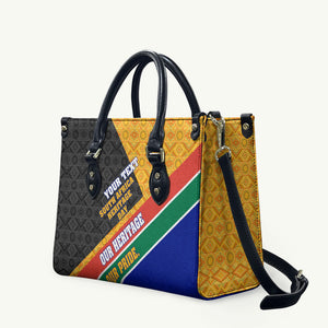 Personalized South Africa Heritage Day Leather Bag One Nation Many Stories Geometric Flag Pattern