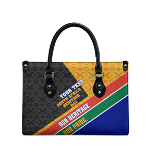 Personalized South Africa Heritage Day Leather Bag One Nation Many Stories Geometric Flag Pattern