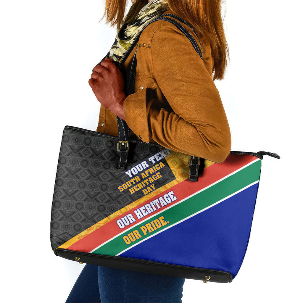 Personalized South Africa Heritage Day Leather Tote Bag One Nation Many Stories Geometric Flag Pattern