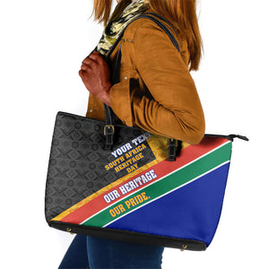 Personalized South Africa Heritage Day Leather Tote Bag One Nation Many Stories Geometric Flag Pattern