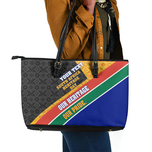 Personalized South Africa Heritage Day Leather Tote Bag One Nation Many Stories Geometric Flag Pattern