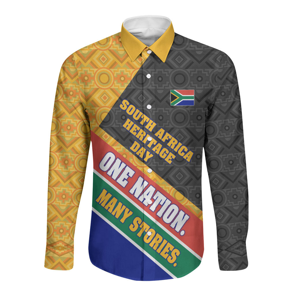 Personalized South Africa Heritage Day Long Sleeve Button Shirt One Nation Many Stories Geometric Flag Pattern