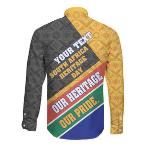 Personalized South Africa Heritage Day Long Sleeve Button Shirt One Nation Many Stories Geometric Flag Pattern