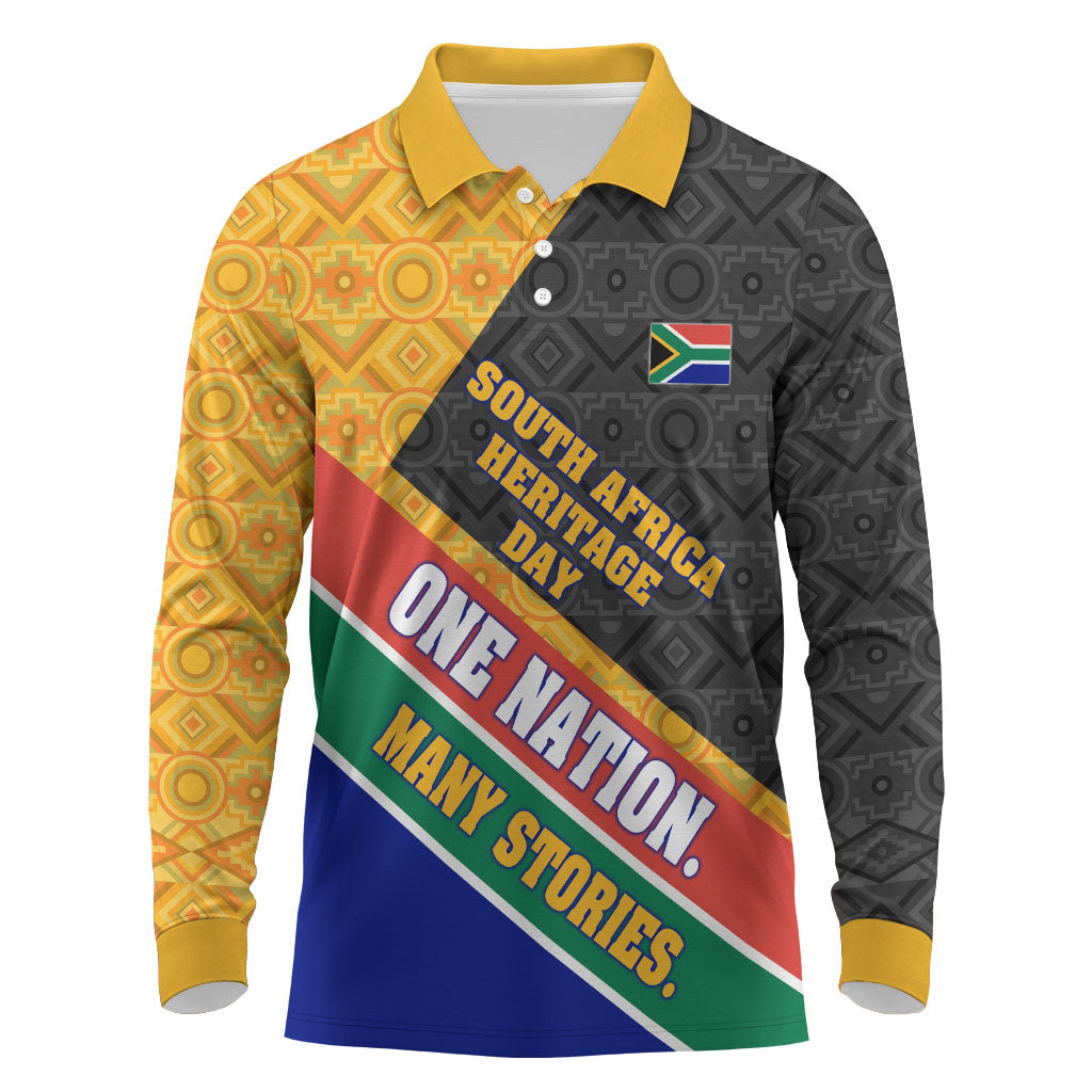 Personalized South Africa Heritage Day Long Sleeve Polo Shirt One Nation Many Stories Geometric Flag Pattern