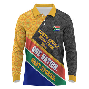 Personalized South Africa Heritage Day Long Sleeve Polo Shirt One Nation Many Stories Geometric Flag Pattern