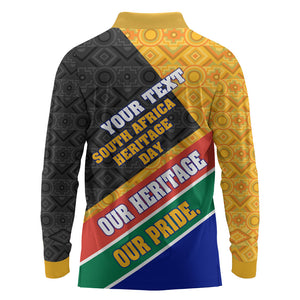 Personalized South Africa Heritage Day Long Sleeve Polo Shirt One Nation Many Stories Geometric Flag Pattern