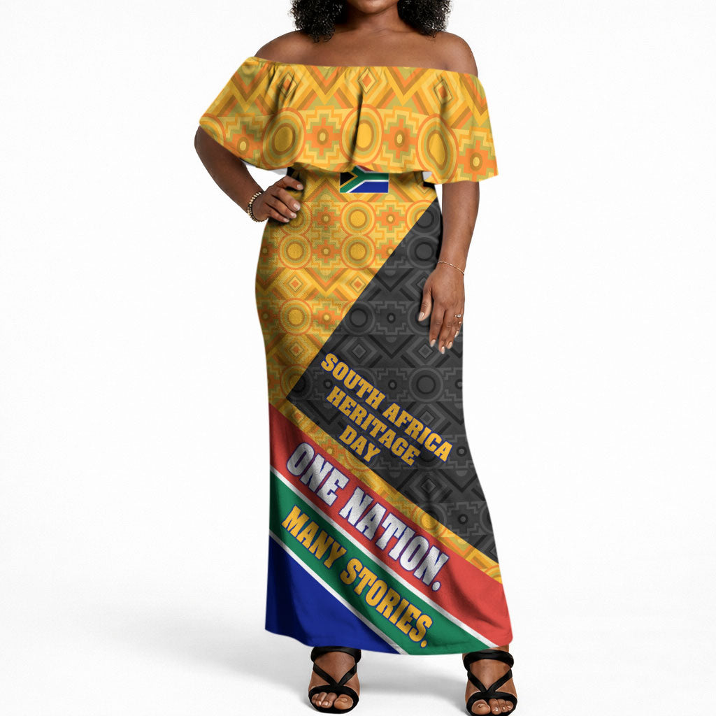 Personalized South Africa Heritage Day Off Shoulder Maxi Dress One Nation Many Stories Geometric Flag Pattern