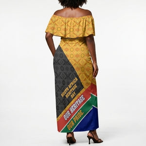 Personalized South Africa Heritage Day Off Shoulder Maxi Dress One Nation Many Stories Geometric Flag Pattern