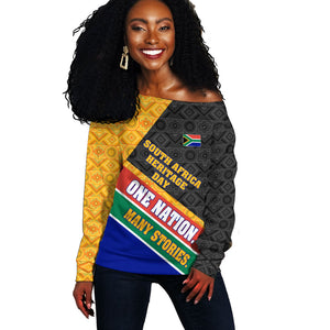 Personalized South Africa Heritage Day Off Shoulder Sweater One Nation Many Stories Geometric Flag Pattern