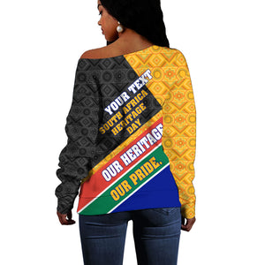 Personalized South Africa Heritage Day Off Shoulder Sweater One Nation Many Stories Geometric Flag Pattern