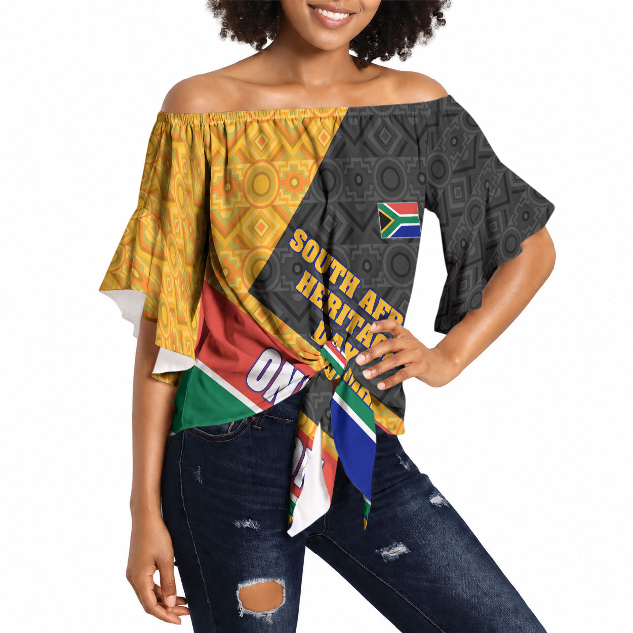 Personalized South Africa Heritage Day Off Shoulder Wrap Waist Top One Nation Many Stories Geometric Flag Pattern
