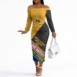 Personalized South Africa Heritage Day Off The Shoulder Long Sleeve Dress One Nation Many Stories Geometric Flag Pattern