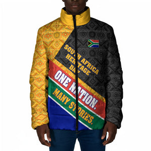Personalized South Africa Heritage Day Padded Jacket One Nation Many Stories Geometric Flag Pattern