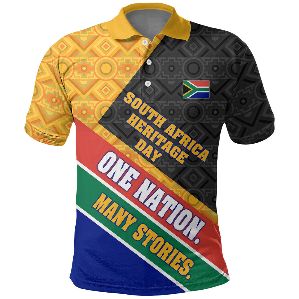 Personalized South Africa Heritage Day Polo Shirt One Nation Many Stories Geometric Flag Pattern