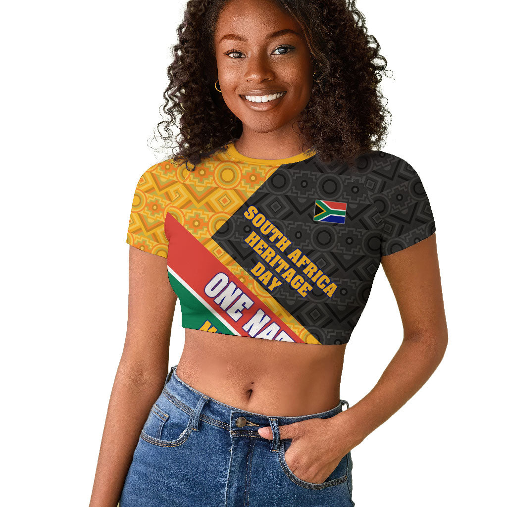 Personalized South Africa Heritage Day Raglan Cropped T shirt One Nation Many Stories Geometric Flag Pattern