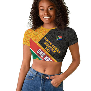 Personalized South Africa Heritage Day Raglan Cropped T shirt One Nation Many Stories Geometric Flag Pattern