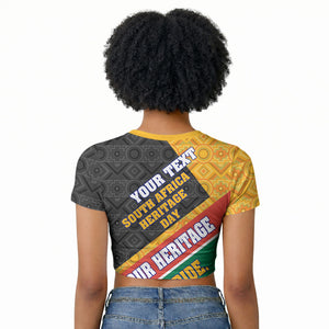 Personalized South Africa Heritage Day Raglan Cropped T shirt One Nation Many Stories Geometric Flag Pattern