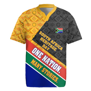 Personalized South Africa Heritage Day Rugby Jersey One Nation Many Stories Geometric Flag Pattern