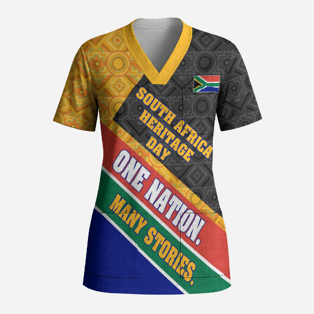 Personalized South Africa Heritage Day Scrub Top One Nation Many Stories Geometric Flag Pattern