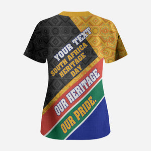 Personalized South Africa Heritage Day Scrub Top One Nation Many Stories Geometric Flag Pattern