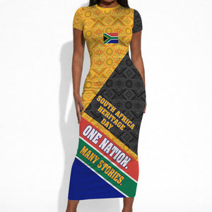 Personalized South Africa Heritage Day Short Sleeve Bodycon Dress One Nation Many Stories Geometric Flag Pattern