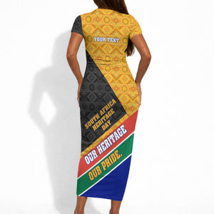Personalized South Africa Heritage Day Short Sleeve Bodycon Dress One Nation Many Stories Geometric Flag Pattern
